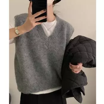 Модный вязаный свитер с V-образным вырезом, жилет для женщин, осень и зима, свободный однотонный пуловер, женские жилеты, повседневные офисные женские трикотажные жилеты, топы 31048 One Size серый