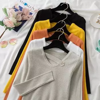 Модный вязаный свитер с V-образным вырезом и длинным рукавом для женщин, осень и зима, однотонный облегающий базовый свитер, свитера для женщин, элегантные повседневные джемперы, шикарный 25483 One Size чёрный