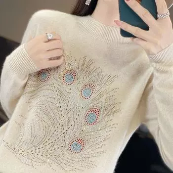 Модный вязаный свитер со стразами, пуловеры, осенне-зимние женские топы, новый ворот с длинным рукавом, свободный тонкий трикотажный свитер S чёрный