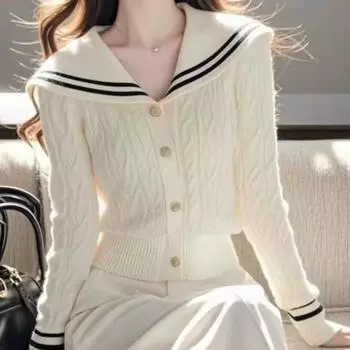 Модный вязаный женский свитер, осенний повседневный кардиган с длинным рукавом, женский облегающий однобортный элегантный зимний кардиган 2412 One Size белый