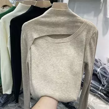 Модный вязаный женский топ с длинным рукавом и половиной высокой горловины, облегающий свитер M