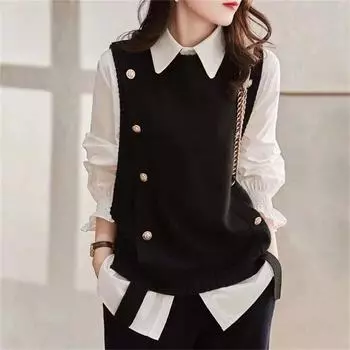 Модный вязаный жилет для женщин, свитер без рукавов, вязаный топ на бретельках в стиле ретро, корейский женский осенне-зимний повседневный вязаный пуловер One size чёрный