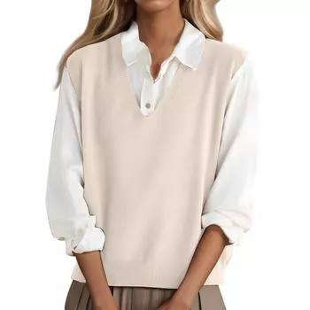 Модный вязаный жилет с V-образным вырезом для девочек, универсальный жилет, темперамент, повседневный свитер L бежевый