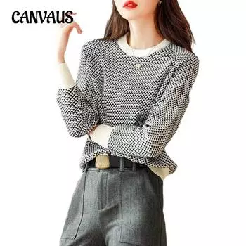 Модный высококлассный женский джемпер в клетку Sense of Thousand Birds, осенне-зимняя жаккардовая трикотажная рубашка, свободные топы One Size чёрный