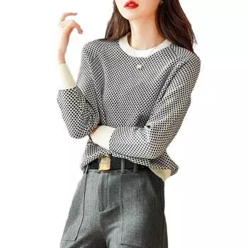 Модный высококлассный женский джемпер в клетку Sense of Thousand Birds, осенне-зимняя жаккардовая трикотажная рубашка, свободные топы One Size чёрный