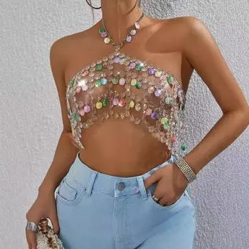 Модный Яни Сексуальный Бриллиантовый Цепь Полый Холтер Подтяжки Жилет Акриловая Шаль Цепь Для Тела Кристалл Аксессуары Секс Одежда one size fits all разноцветный