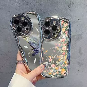 Модный зеркальный чехол с бабочкой и цветочным принтом для iPhone 15 14 Pro Max 13 Pro 12 11, глянцевый противоударный защитный чехол для линз, мягкий чехол для телефона из ТПУ iPhone 15