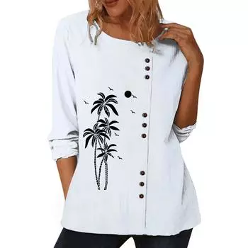 Модный женский белый хлопковый топ с длинными рукавами, шестью уникальными цветочными принтами и пуговицами S
