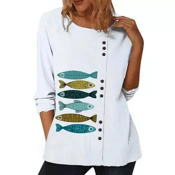 Модный женский белый хлопковый топ с длинными рукавами и 6 яркими цветочными узорами S