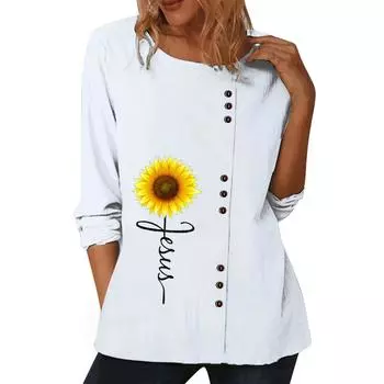 Модный женский белый хлопковый топ с длинными рукавами и 6 яркими цветочными узорами S