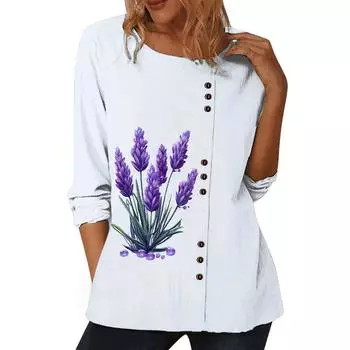 Модный женский белый хлопковый топ с различными принтами, круглым вырезом и длинными рукавами S