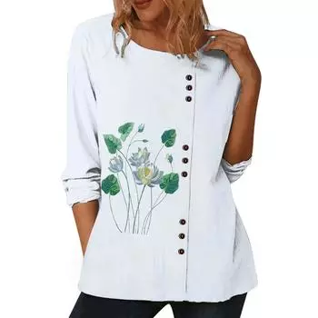 Модный женский белый хлопковый топ с различными принтами, круглым вырезом и длинными рукавами S