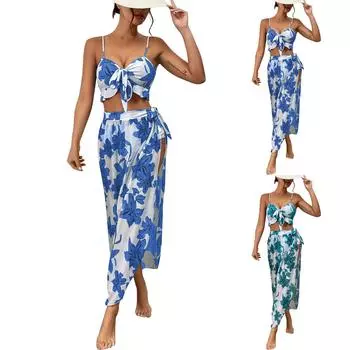 Модный женский бикини с принтом растений, сексуальный купальник, юбка, комплект из трех предметов M