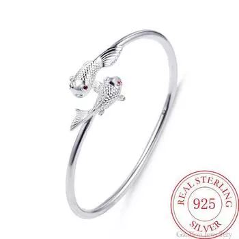 Модный женский браслет-манжета из стерлингового серебра 925 пробы с открытой двойной рыбкой, регулируемый талисман на удачу, винтажный браслет, свадебные украшения, подарки