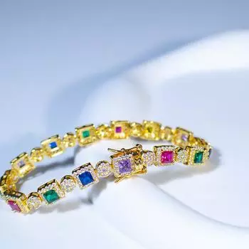 Модный женский браслет огранки «принцесса» с покрытием из 14-каратного золота и разноцветными кубическими цирконами разноцветный