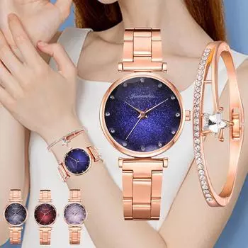 Модный женский браслет со стальным ремешком и бриллиантами, комплект часов, элегантный геометрический браслет синий