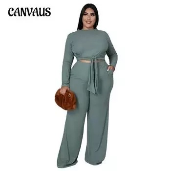 Модный женский брючный костюм больших размеров со шнуровкой и карманами, широкие брюки, комплект из двух предметов XL чёрный