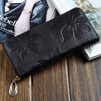 Модный женский длинный кошелек, держатель для кредитных карт, кошелек из натуральной кожи, большой емкости, на молнии, клатчи для женщин, капок, цветочный узор красный