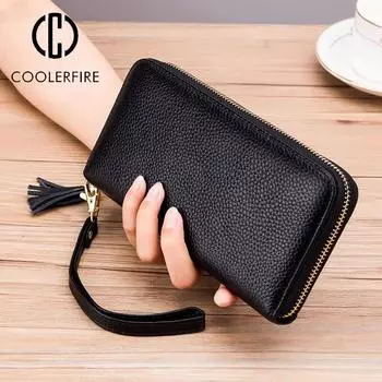 Модный женский длинный кошелек из натуральной кожи, элегантный портативный однотонный кошелек, популярный женский кошелек на молнии, женский клатч PJ2002 China чёрный