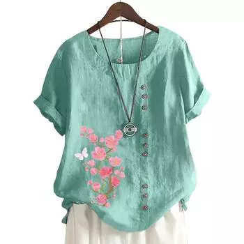 Модный женский хлопковый топ с короткими рукавами, 11 цветовых вариантов и шикарный цветочный принт S озеро синий