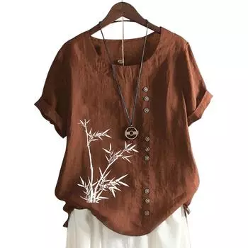 Модный женский хлопковый топ с короткими рукавами, 11 яркими цветочными принтами и круглым вырезом S кофейный