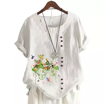 Модный женский хлопковый топ с короткими рукавами, 11 яркими цветочными принтами и круглым вырезом S белый