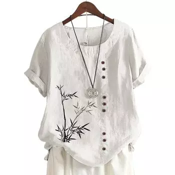 Модный женский хлопковый топ с короткими рукавами, 11 яркими цветочными принтами и круглым вырезом S кофейный