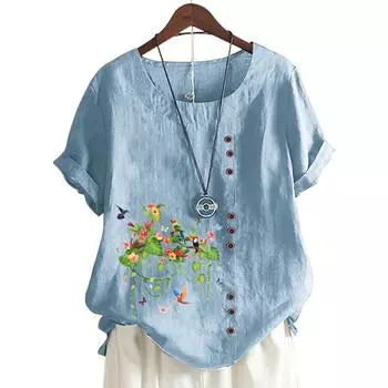 Модный женский хлопковый топ с короткими рукавами, 11 яркими цветочными принтами и круглым вырезом S белый