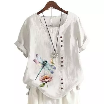 Модный женский хлопковый топ с короткими рукавами, 11 яркими цветочными принтами и круглым вырезом S кофейный