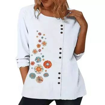 Модный женский хлопковый топ с множеством модных принтов, круглым вырезом и длинными рукавами S