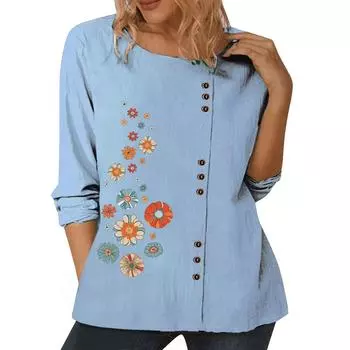 Модный женский хлопковый топ с различными принтами, круглым вырезом и длинными рукавами S