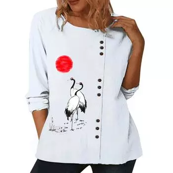 Модный женский хлопковый топ с разнообразным принтом, круглым вырезом и длинными рукавами S