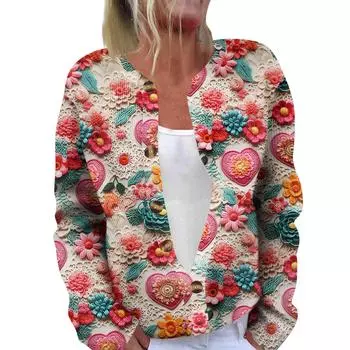 Модный женский кардиган с длинными рукавами и принтом ко Дню святого Валентина L горячий розовый