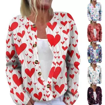 Модный женский кардиган с длинными рукавами и принтом ко Дню святого Валентина XXL