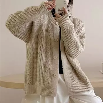 Модный женский кардиган с переплетенными нитями, вязаный свитер, осенний винтажный повседневный кардиган с длинным рукавом, свитера, простое однобортное пальто, одежда 1557 One size белый