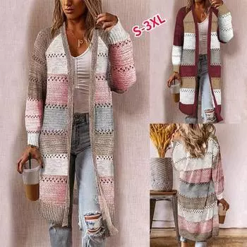 Модный женский кардиган, удобный стильный полосатый лоскутный свитер с длинными рукавами, женский повседневный длинный кардиган XXXL розовый
