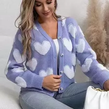Модный женский кардиган, вязаный свитер с длинным рукавом, новое женское пальто, осенне-зимнее, в форме сердца, ретро-топы, элегантные, повседневные, милые, трикотажные кардиганы 24931 One Size синий