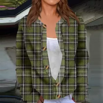 Модный женский клетчатый принт с длинным рукавом вязаный кардиган куртка на пуговицах L темно-зеленого