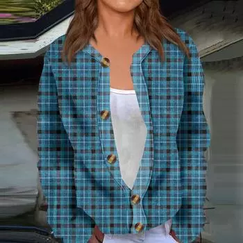 Модный женский клетчатый принт с длинным рукавом вязаный кардиган куртка на пуговицах L синий