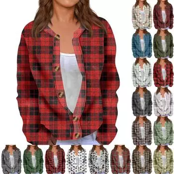 Модный женский клетчатый принт с длинным рукавом вязаный кардиган куртка на пуговицах L темно-зеленого