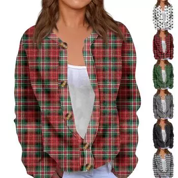 Модный женский клетчатый принт с длинным рукавом вязаный кардиган куртка на пуговицах L чёрный