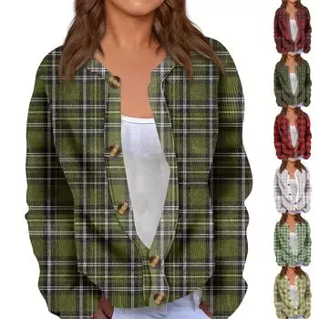 Модный женский клетчатый принт с длинным рукавом вязаный кардиган куртка на пуговицах XL зелёный