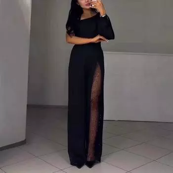 Модный женский комбинезон с косыми плечами и высоким разрезом 2XL чёрный