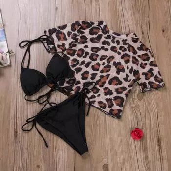 МОДНЫЙ женский комплект бикини из трех частей, летний укороченный топ с короткими рукавами + бюстгальтер на бретелях + трусики со шнуровкой S коричневый