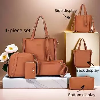 Модный женский комплект из 4 сумок, элегантная серия из искусственной сумки, однотонный узор личи, многофункциональная сумка + кошелек + сумка через плечо 1 set коричневый