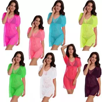 Модный женский короткий рукав с U-образным воротником, сплошной цвет, сетчатый сексуальный чехол для бикини S розы красного