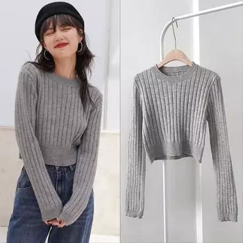 Модный женский короткий свитер, осенний, с длинным рукавом, с круглым вырезом, вязаный свитер, женский, повседневный, облегающий, зимний, элегантный, простой, трикотажная одежда 2307 One size серый