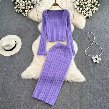 Модный женский костюм, французский винтажный свитер с квадратным вырезом, мягкий восковой плюш с роговыми рукавами + высокая поясная юбка, 2 предмета