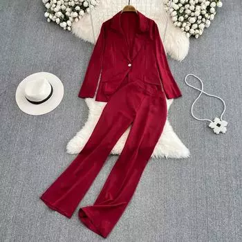 Модный женский костюм из двух частей, пиджак с высокой талией, тонкие прямые длинные брюки для мытья полов