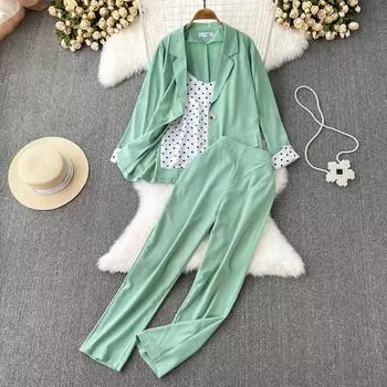 Модный женский костюм, куртка из трех частей, камзол в горошек, широкие брюки с высокой талией, тонкие прямые повседневные брюки зелёный